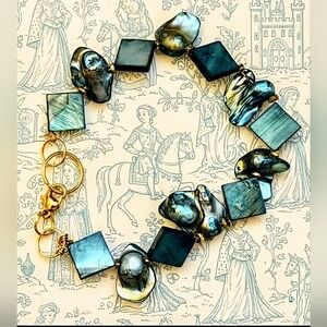 Teal Mother Of Pearl & Teal Free Form Baroque in All Natural Pearls Bracelet